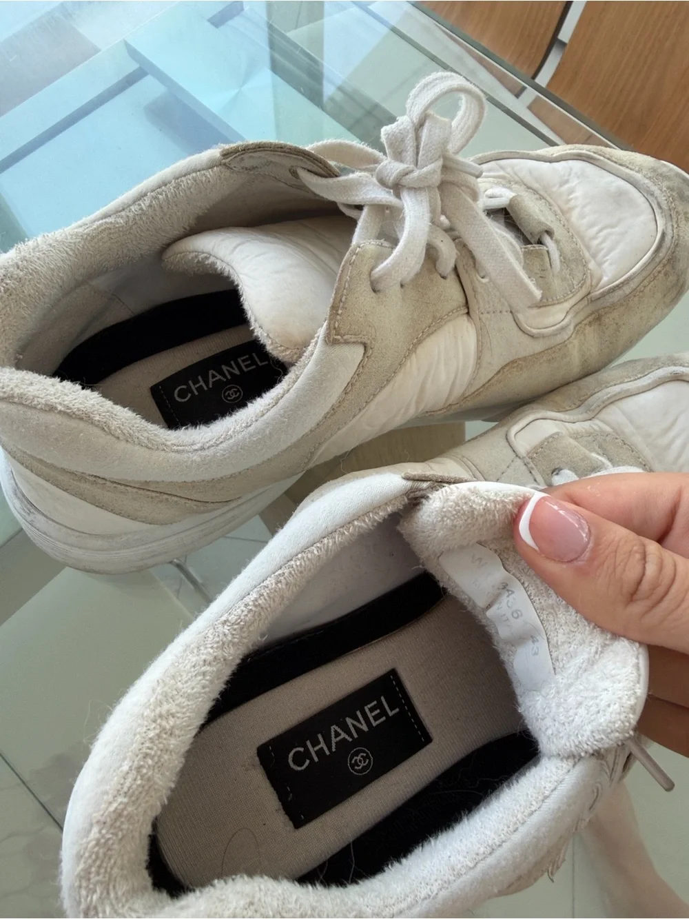 CHANEL Beige and White Suede CC Runner Sneaker